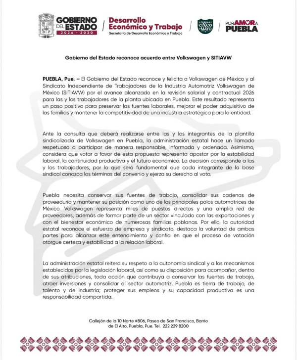 Gobierno Estatal reconoce acuerdo salarial entre Volkswagen y SITIAVW