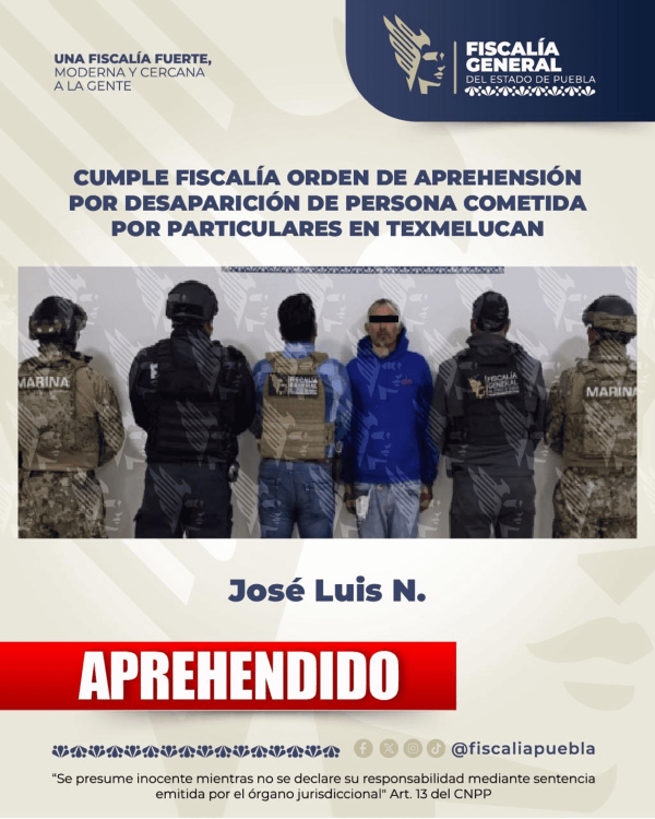 FGE Puebla detiene a José Luis N.