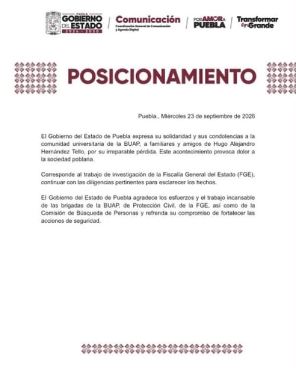 Gobierno de Puebla lamenta muerte de Hugo Hernández