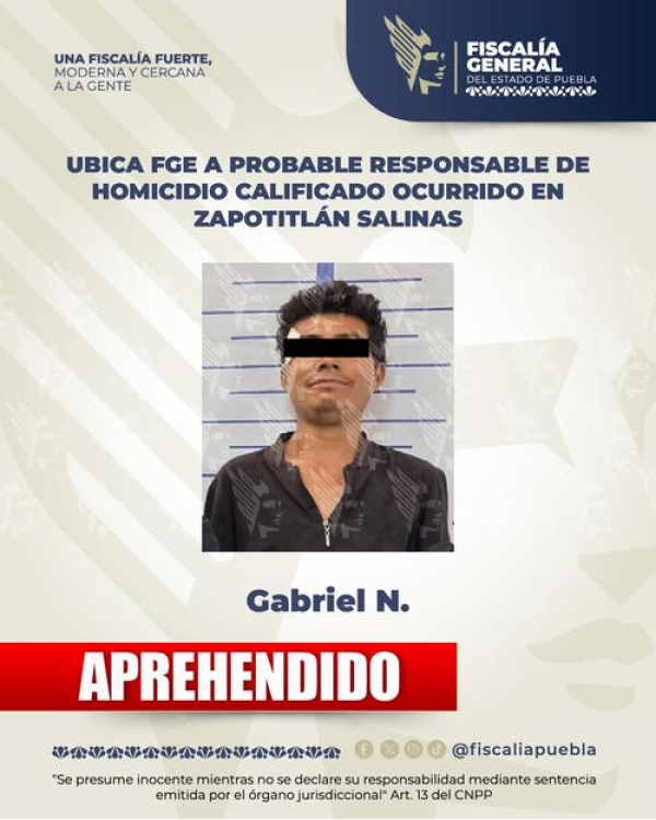 Aprehenden a Gabriel N. por homicidio en Zapotitlán