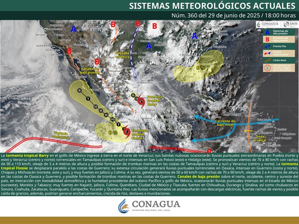 Barry y Flossie ocasionan lluvias en Tamaulipas, Puebla, Veracruz y Oaxaca