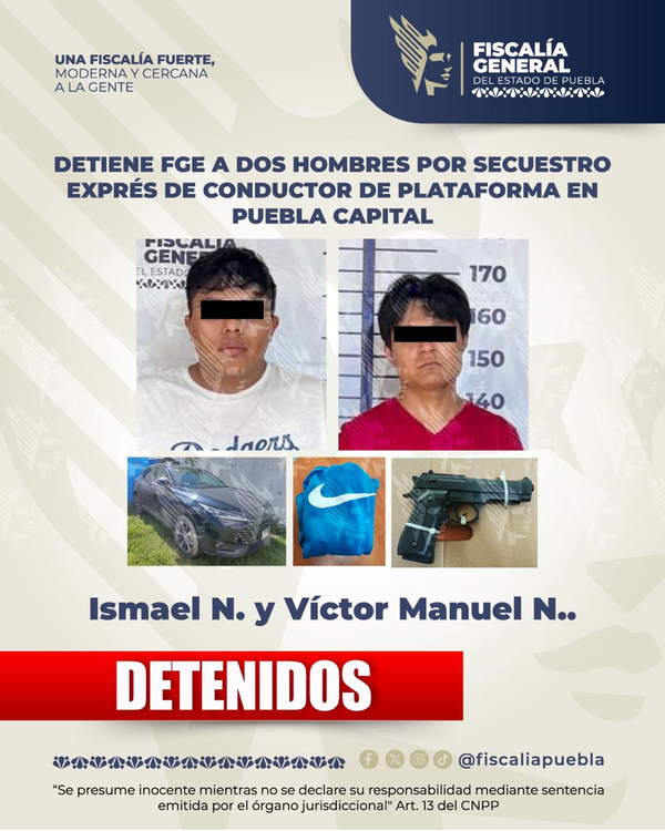 Detiene FGE a dos hombres por secuestro exprés