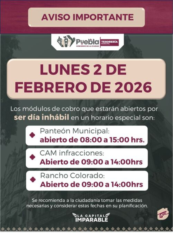 Tesorer&iacute;a Municipal anuncia horario especial