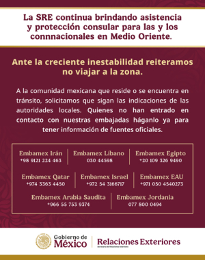 La SRE permanece alerta ante la situación en Medio Oriente