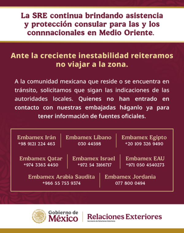 La SRE permanece alerta ante la situación en Medio Oriente