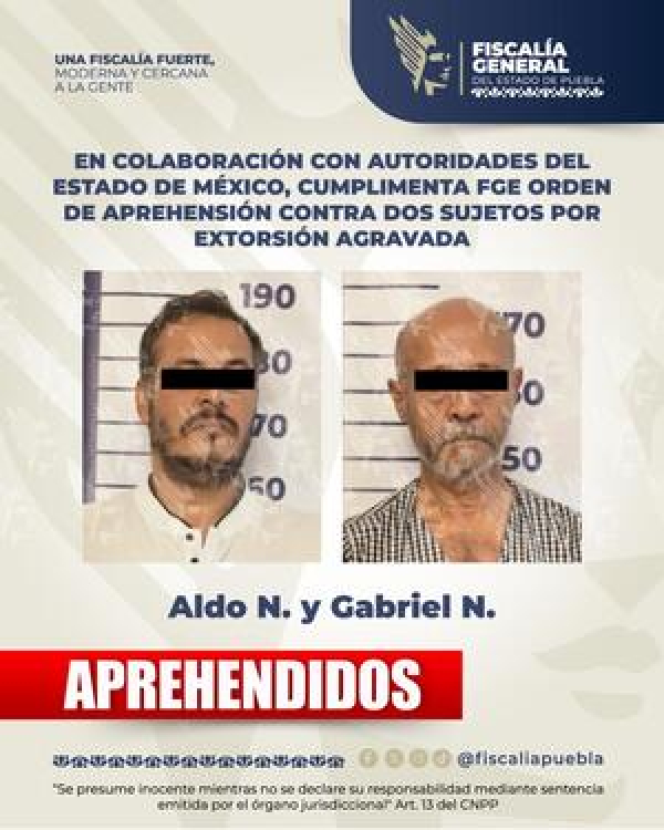 FGE Puebla detiene a dos hombres por extorsión agravada