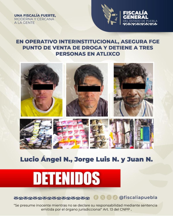 Caen tres presuntos narcomenudistas en Atlixco