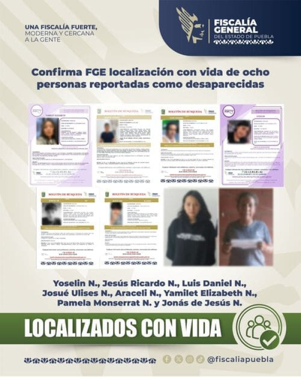 FGE Puebla localiza a ocho personas desaparecidas