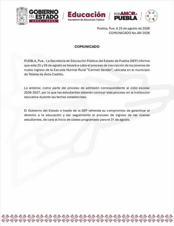 Normal Carmen Serdán inicia proceso de inscripción