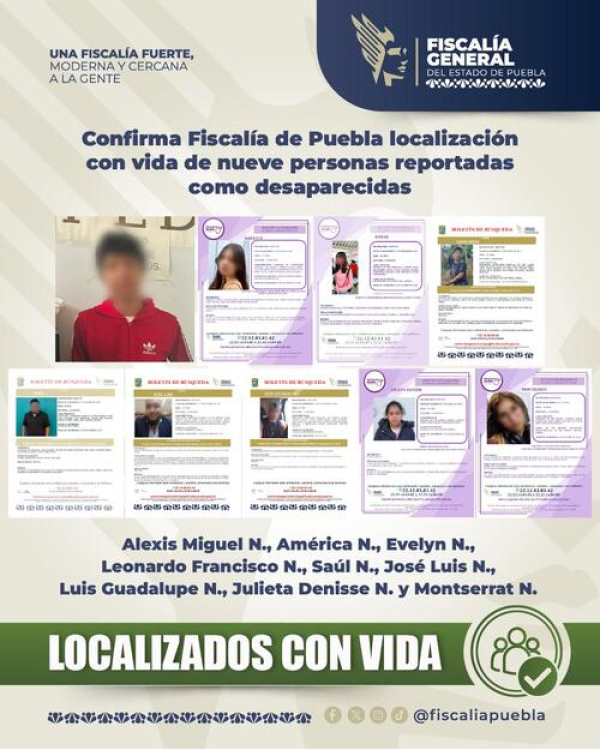 FGE localiza a 9 desaparecidos en Puebla