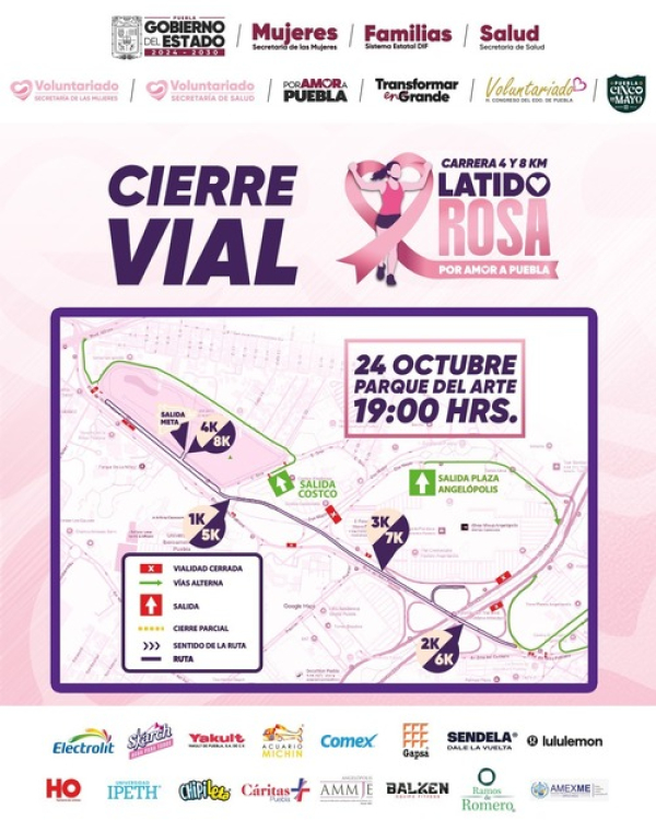 Anuncian cierres viales por carrera "Latido Rosa"