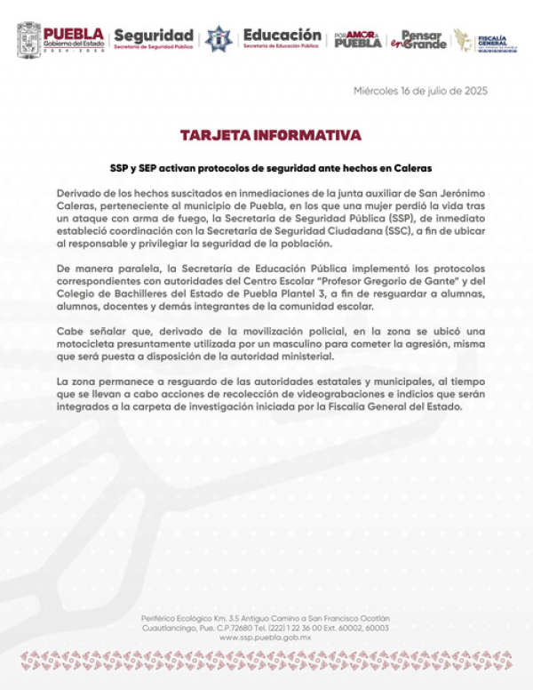 SSP y SEP activan protocolos de seguridad en San Jerónimo Caleras