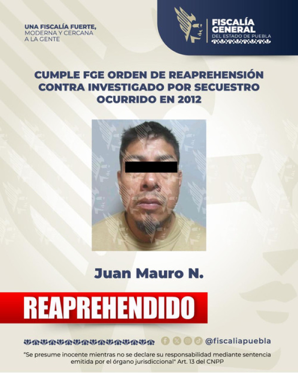 FGE Puebla reaprehende a señalado por secuestro