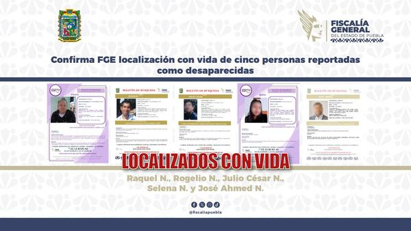 FGE Puebla localiza 5 personas desaparecidas