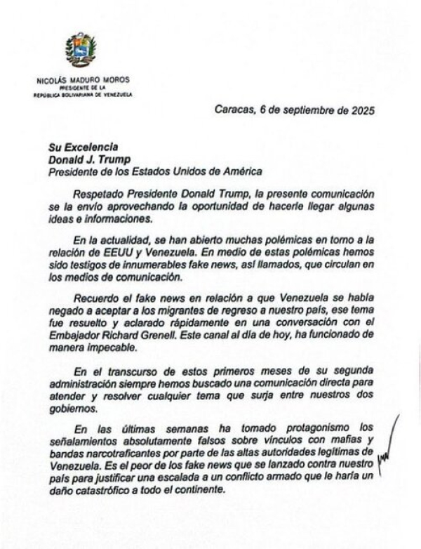 Carta del gobierno de Venezuela a Estados Unidos